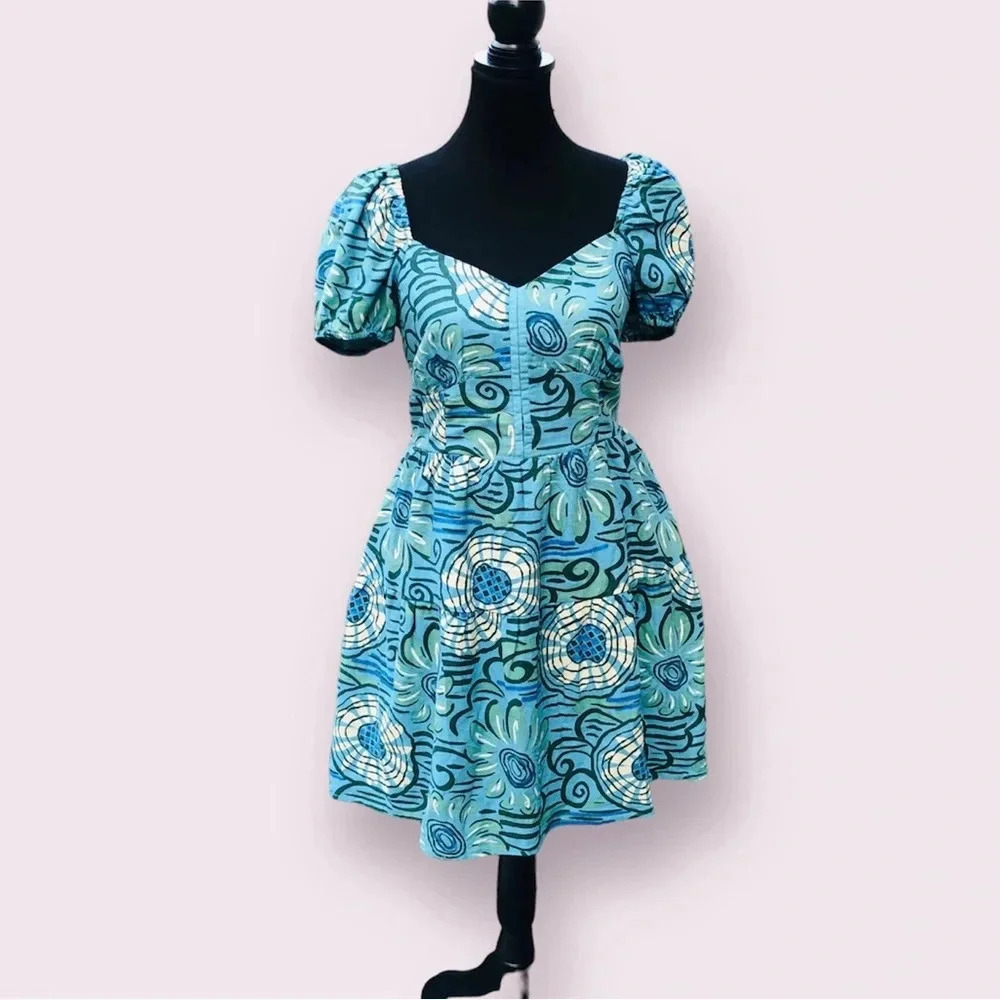 House of Harlow Babydoll Mini Dress Size Small Blue Linen Retro Puff Sleeve NWOT